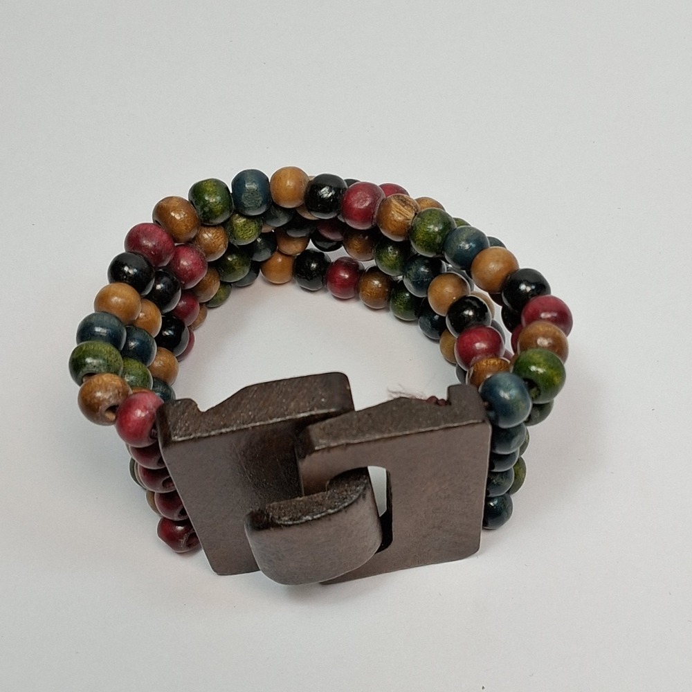 Multi-Color Wood Bead Boho Cuff Bracelet with Carved Wood Buckle Clasp 7.5+" - Picture 9 of 9